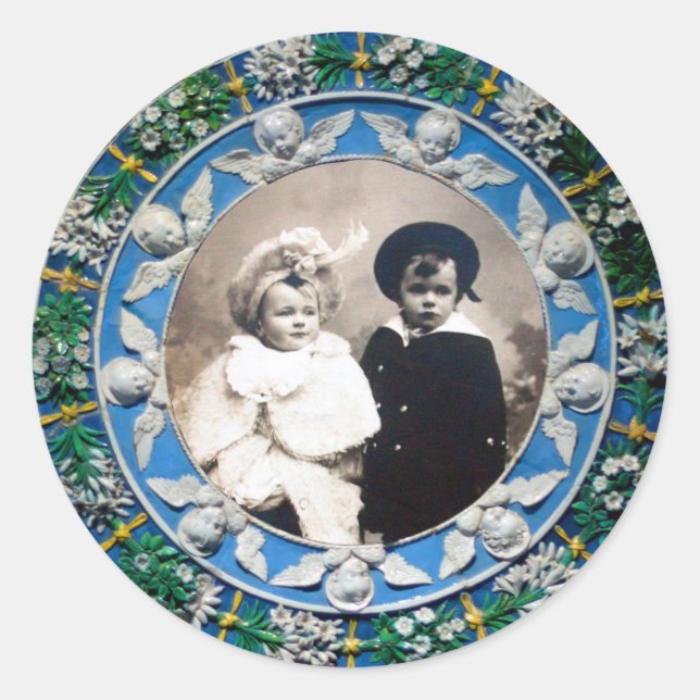 STICKER ROND FLORENTINE RENAISSANCE ANGELS BLEU MODÈLE PHOTO (Devant)
