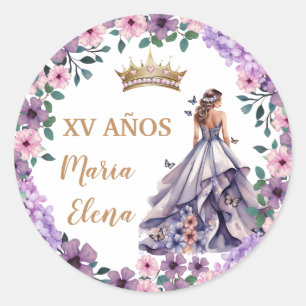 Sticker Rond Flores pourpres et papillons : Quinceañera