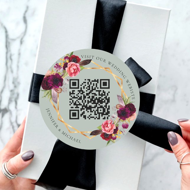 Sticker Rond Flores roses bordeaux mariage QR géométrique sage (Créateur téléchargé)