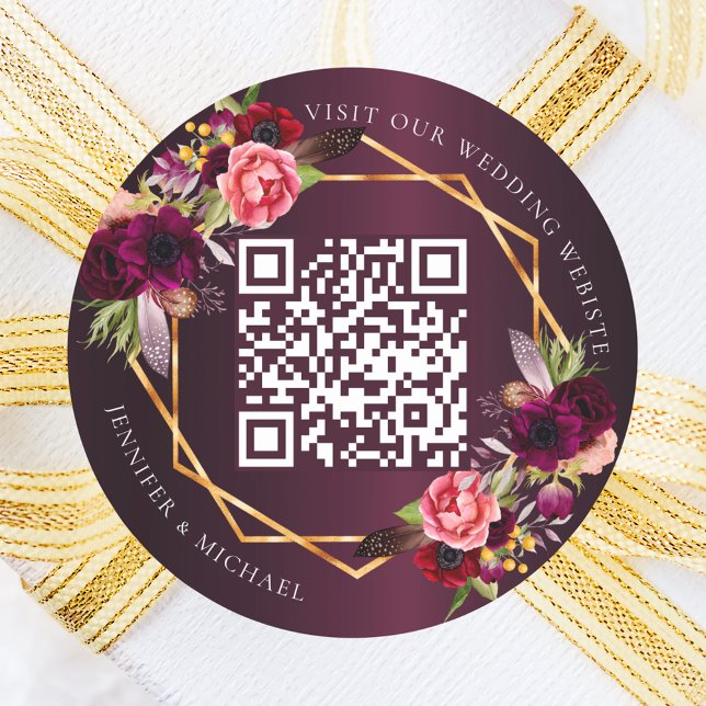Sticker Rond Flores roses bordeaux or géométrique QR mariage (Créateur téléchargé)