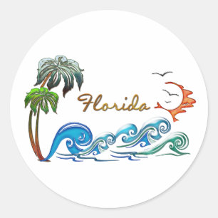 Sticker Rond FLORIDA 3D Palms, Waves & Sunset