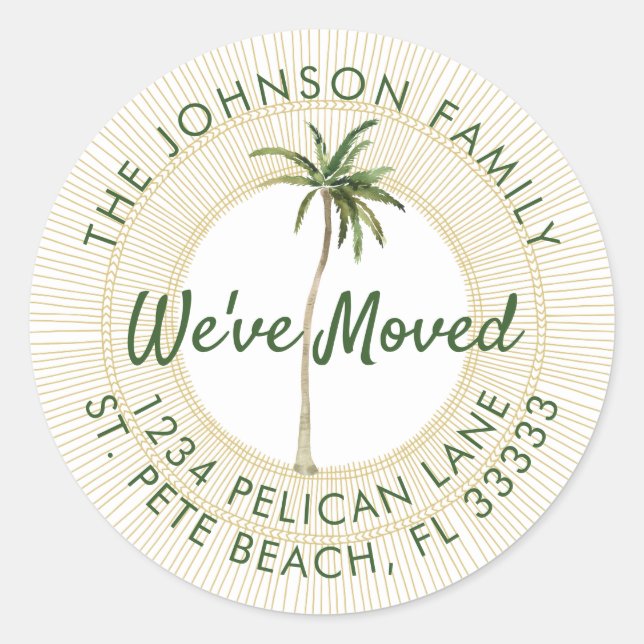 Sticker Rond Floride Palm Golden Sun White Moving Faire-part (Devant)