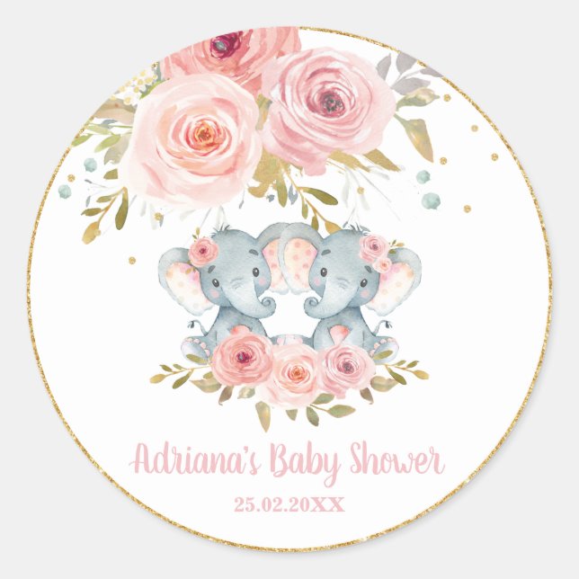 Sticker Rond Flou Flore Eléphant Twins Baby Girl Douche Favoris (Devant)