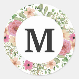 Sticker Rond Flower Wreath Monogramme classique mignon