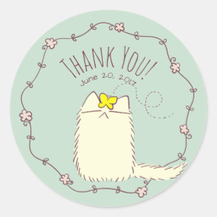 Sticker Rond Fluffy Cat et Yellow Butterfly Texte personnalisé