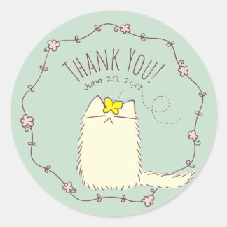 Sticker Rond Fluffy Cat et Yellow Butterfly Texte personnalisé