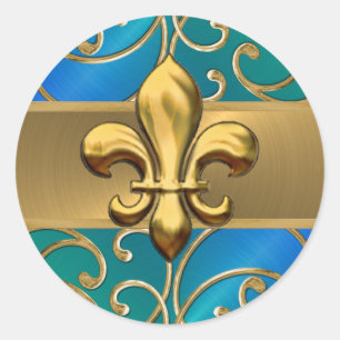 Sticker Rond Flûtes bleu vert et or Filigree Fleur de Lis