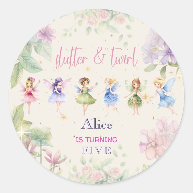 Sticker Rond Flutter et tourbillon Fairy garden aquarelle anniv (Devant)