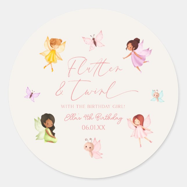 Sticker Rond Flutter et Twirl Enchanted Fairy Anniversaire fête (Devant)