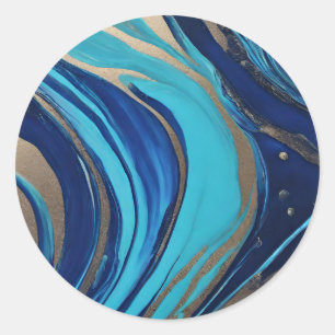 Sticker Rond Flux Abstrait moderne Art-Bleu et Or-