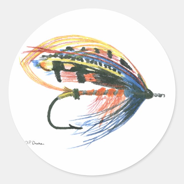 Sticker Rond FlyFishing Lure Art Saumon Fly Lure (Devant)