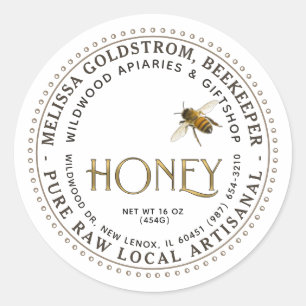 Sticker Rond Flying Honeybee Blue Flower Artisanal Honey