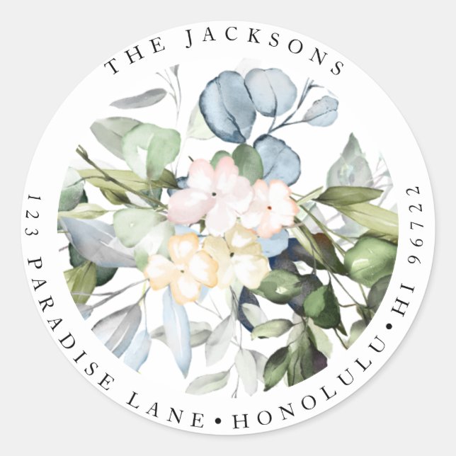Sticker Rond Folial Floral Aquarelle Bleu Dusty (Devant)