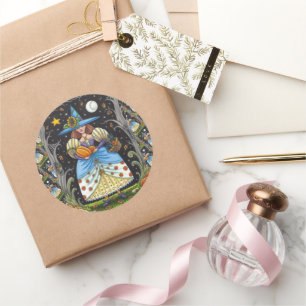 STICKER ROND FOLK ART WITTER EN BOIS ÉFFRAYANTS, CHAT NOIR & OW