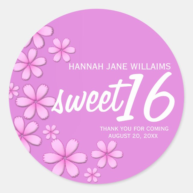 Sticker Rond Foncé rose marguerite Personnalisé Sweet 16 Sticke (Devant)
