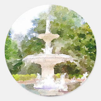 Sticker Rond Fontaine Forsyth à Savannah GA Aquarelle Imprimer