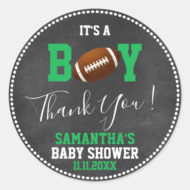 Sticker Rond FOOTBALL Thème Baby shower Chalkboard Green Boy (Devant)