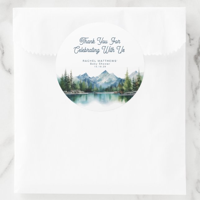 Sticker Rond Forest Mountain Rustic Adventure Baby Shower  (Sac)