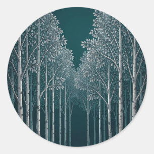 Sticker Rond Forêt d'arbres blancs de bouleau sarcelle foncée