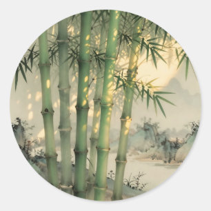 Sticker Rond Forêt de bambou vert encre chinoise