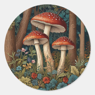 Sticker Rond Forêt de champignons rétro