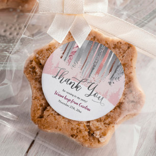 Sticker Rond Forêt de neige rose gris Argent Forêt d'hiver Anni