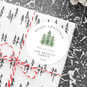 Sticker Rond Forêt de Noël aux pins à l'aquarelle