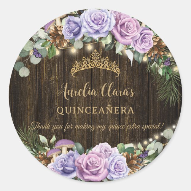 Sticker Rond Forêt Enchantée Rustique violet Floral Quinceañera (Devant)