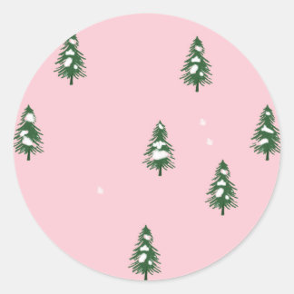 Sticker Rond Forêt minimaliste de pins d'hiver rose
