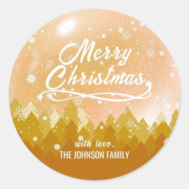 Sticker Rond Forêt paisible de neige dorée Joyeux Noël (Devant)