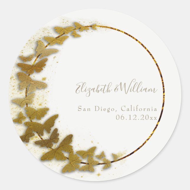 Sticker Rond Formel classique Boho Mariage papillon or (Devant)