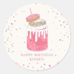 Sticker Rond Fou Milkshake Confetti Donut rose fête d'anniversa