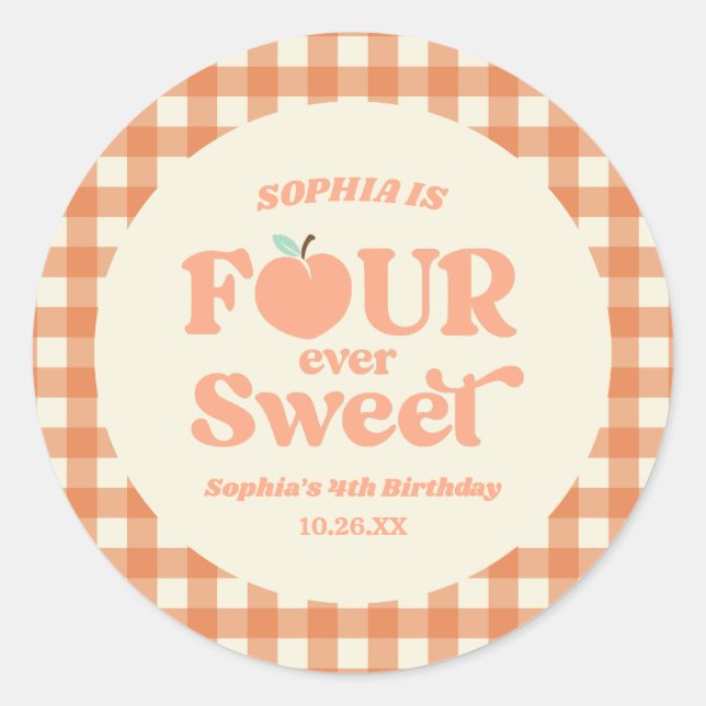 Sticker Rond Four Ever Sweet Peach Fruit 4e fête d'anniversaire (Devant)
