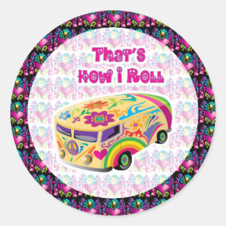 Sticker Rond fourgon hippie comment je roule avec des coeurs gr