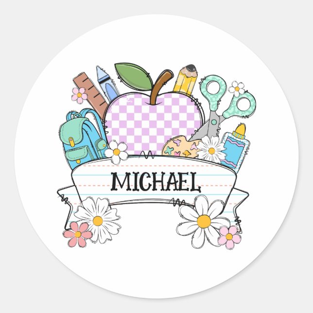 Sticker Rond Fournitures de retour à l'école personnalisées ave (Devant)
