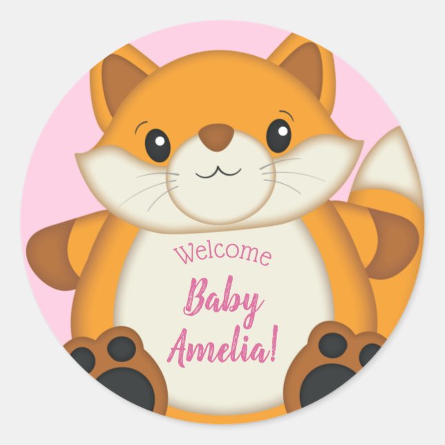 Sticker Rond Fox Baby shower rose (Devant)