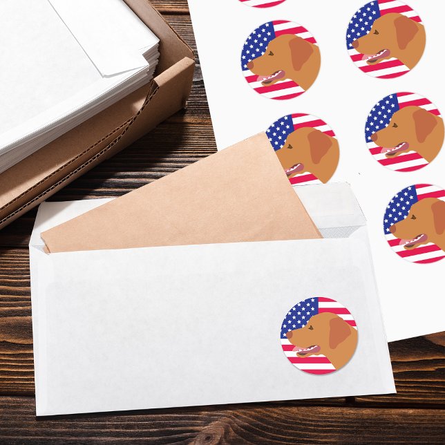 Sticker Rond Fox Red Labrador Profil US (Fox Red Labrador Profile US Flag Stickers for Labrador Owners in the US.  Sweet expression of Lab.)