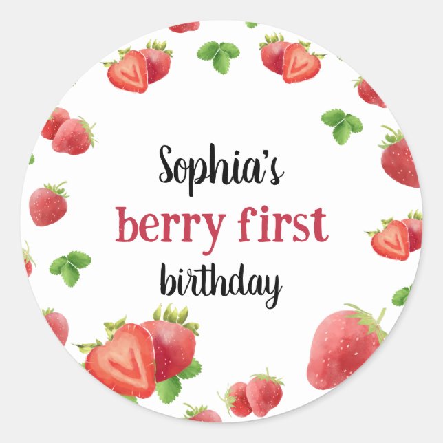 Sticker Rond Fraise 1er anniversaire fête Berry Sweet (Devant)