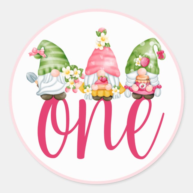 Sticker Rond Fraise Gnome Garden Baby Girl's 1st Birthday C (Devant)