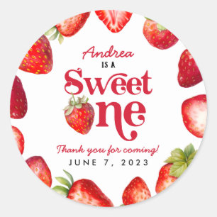 Sticker Rond Fraise moderne Sweet One First Birthday Girls