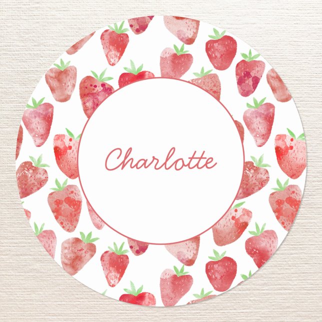 Sticker Rond Fraise personnalisée (Strawberry watercolor pattern personalized custom name script font sticker)