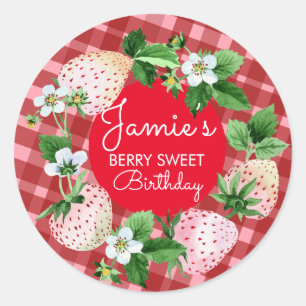 Sticker Rond Fraises à l'aquarelle Plaid pour premier anniversa