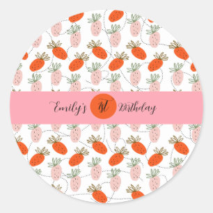 Sticker Rond Fraises blanc rose Doodle fête d'anniversaire