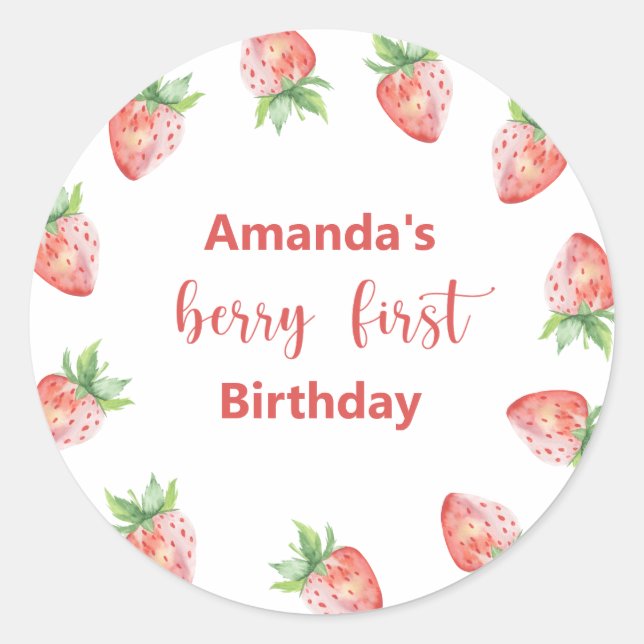 Sticker Rond Fraises d'aquarelle 1er anniversaire (Devant)