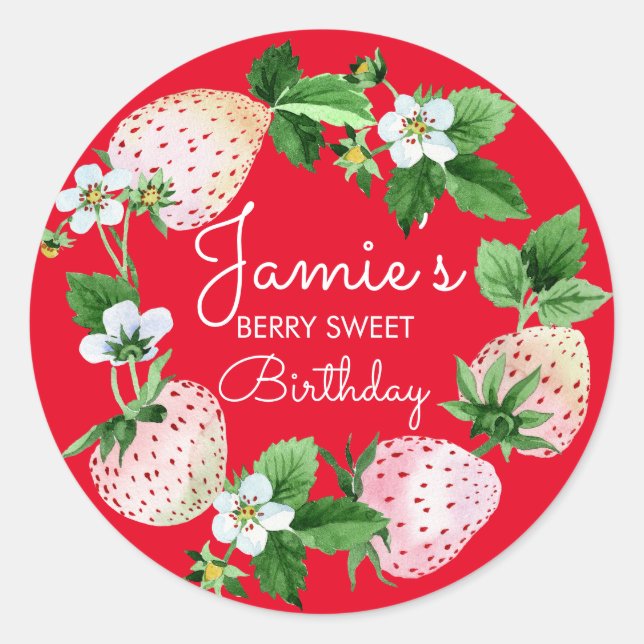 Sticker Rond Fraises d'aquarelle Première fête d'anniversaire R (Devant)