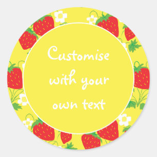 Sticker Rond Fraises et fleurs texte personnalisé jaune