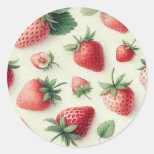 Sticker Rond Fraises sur baies d'aquarelle crème