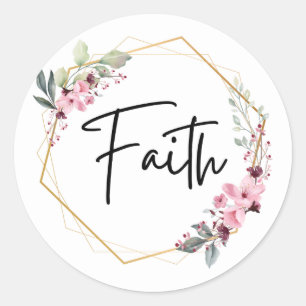 Sticker Rond Frame d'or à fleurs rose et vert Faith