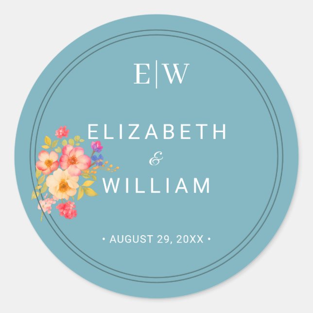Sticker Rond  Frame with Roses, Wedding style on retro blue (Devant)