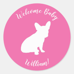 Sticker Rond Français Baby shower Buldog Français Rose